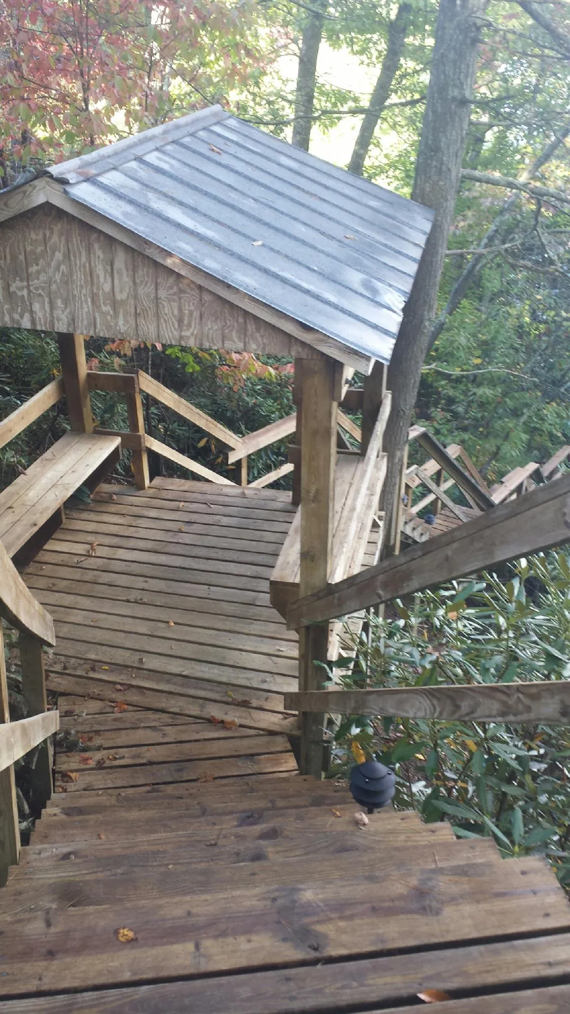 Metal roofed shelter over wooden steps on a wooded walkway — Skylight Repair & Installation work by our crew in Coaldale